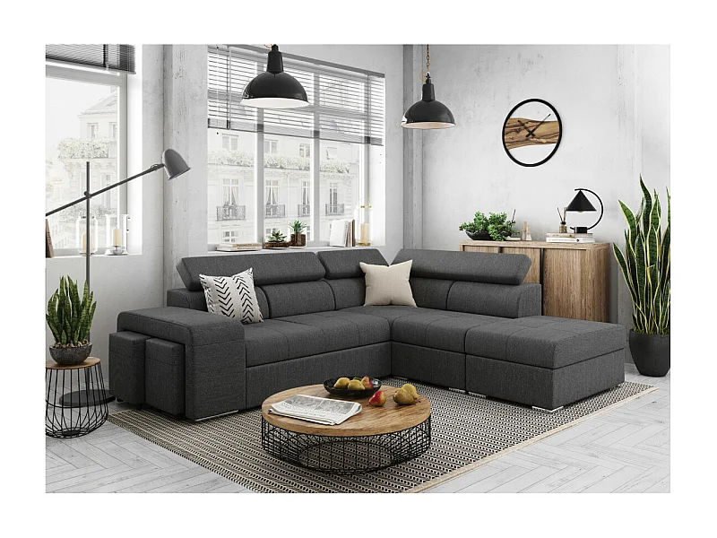 Canapé d'angle droit 3 places Soan convertible en tissu - Gris anthracite - L262 x P220 x H76cm - Loungitude