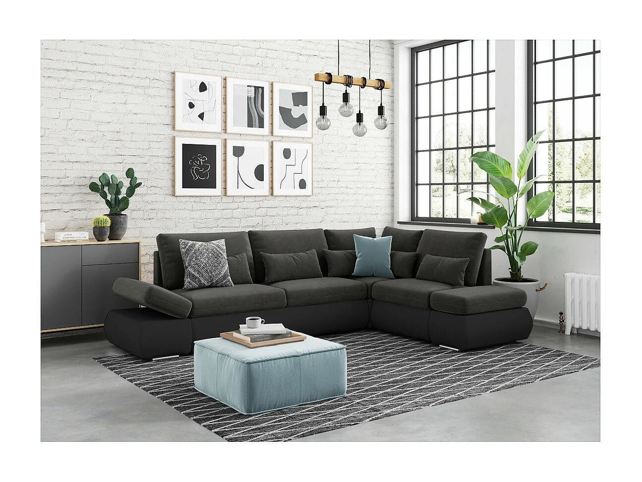 Canapé d'angle Sebastian Réversible et Convertible avec coffre en simili et tissu - Gris anthracite - L267 x P200 x H90cm - Loungitude