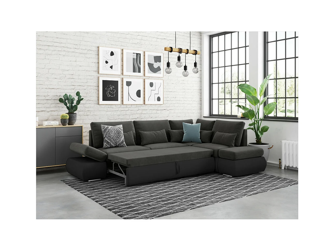 Canapé d'angle Sebastian Réversible et Convertible avec coffre en simili et tissu - Gris anthracite - L267 x P200 x H90cm - Loungitude