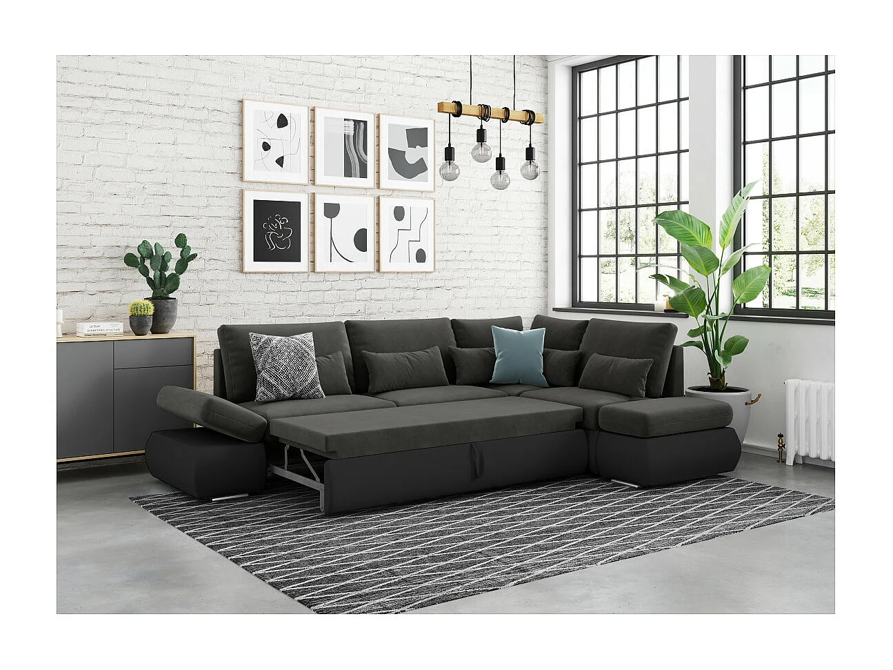 Canapé d'angle Sebastian Réversible et Convertible avec coffre en simili et tissu - Gris anthracite - L267 x P200 x H90cm - Loungitude