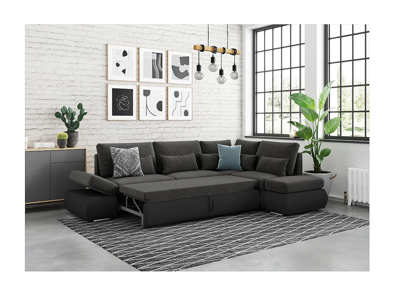Canapé d'angle Sebastian Réversible et convertible avec coffre en simili et tissu - Gris anthracite - L267 x P200 x H90cm - Loungitude