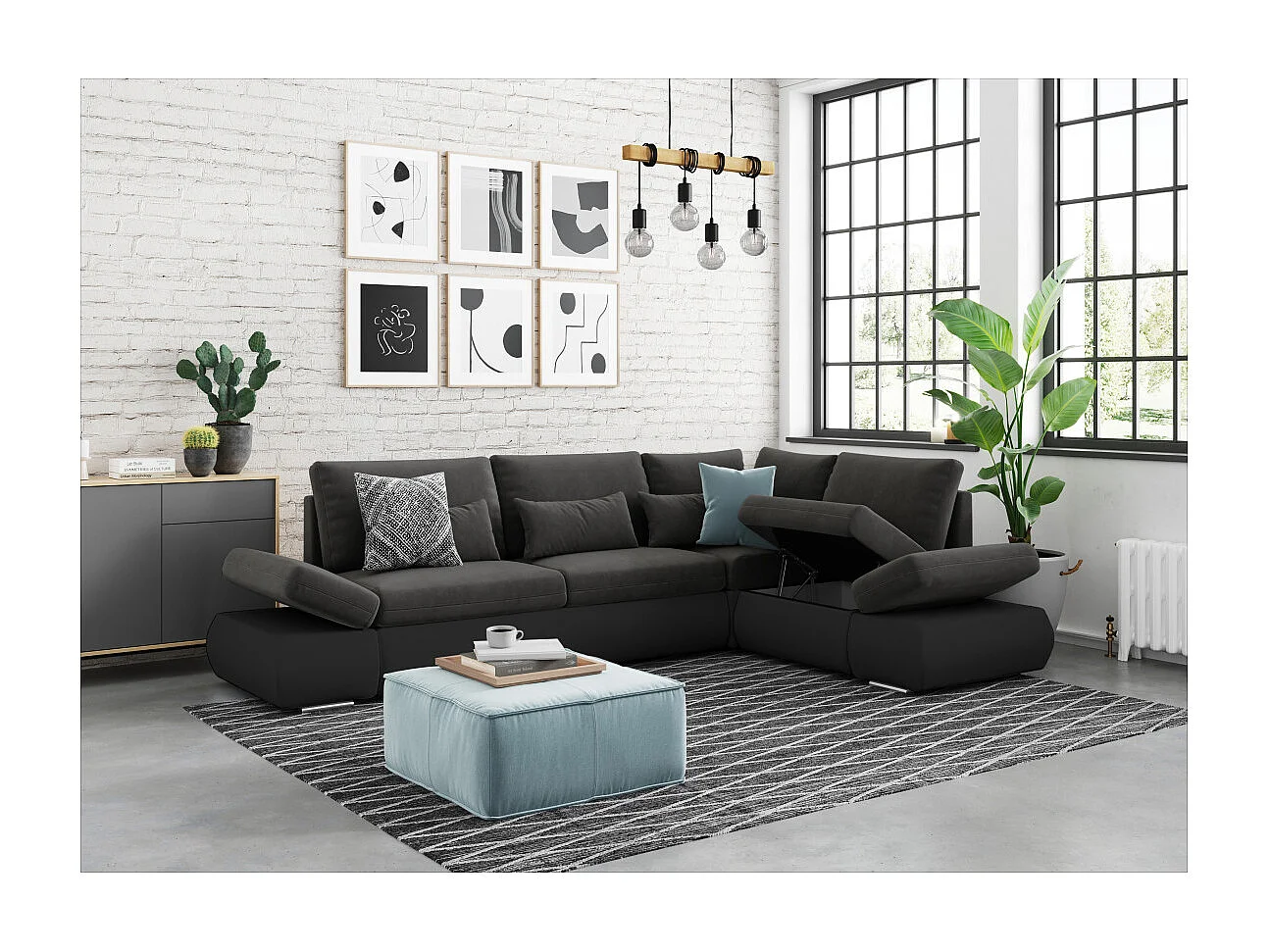 Canapé d'angle Sebastian Réversible et convertible avec coffre en simili et tissu - Gris anthracite - L267 x P200 x H90cm - Loungitude