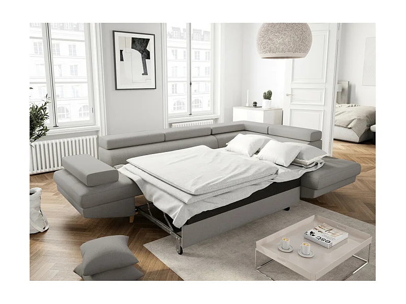 Canapé d'angle droit convertible Rio Scandinave avec coffre en tissu - Gris clair, Pieds bois - L271 x P192 x H70cm - Loungitude