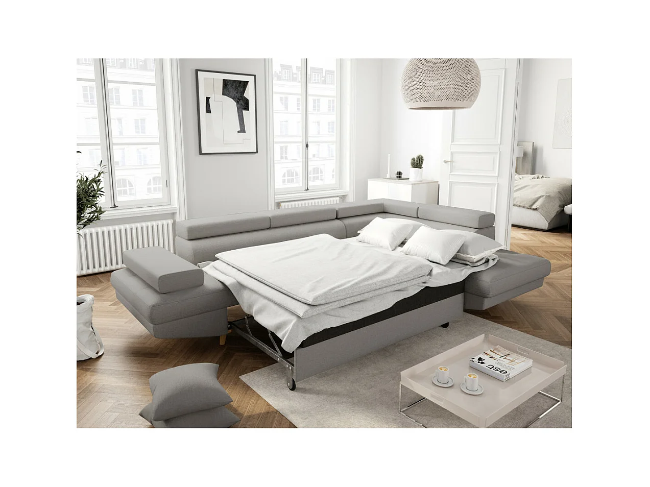 Canapé d'angle droit convertible Rio Scandinave avec coffre en tissu - Gris clair, Pieds bois - L271 x P192 x H70cm - Loungitude