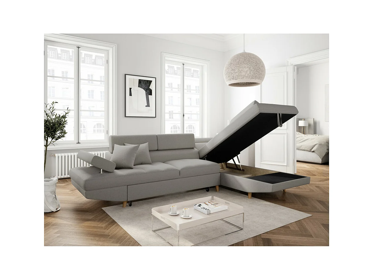 Canapé d'angle droit convertible Rio Scandinave avec coffre en tissu - Gris clair, Pieds bois - L271 x P192 x H70cm - Loungitude