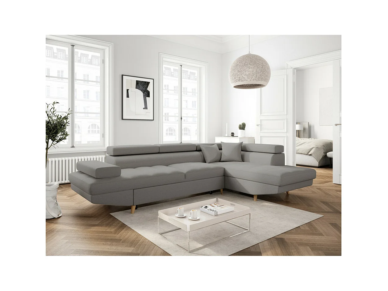 Canapé d'angle droit convertible Rio Scandinave avec coffre en tissu - Gris clair, Pieds bois - L271 x P192 x H70cm - Loungitude