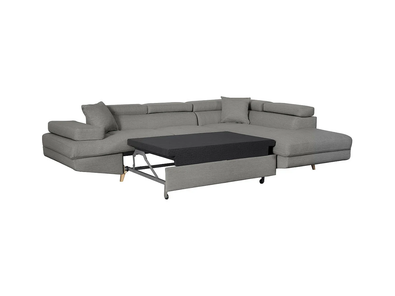 Canapé d'angle droit convertible Rio Scandinave avec coffre en tissu - Gris clair, Pieds bois - L271 x P192 x H70cm - Loungitude