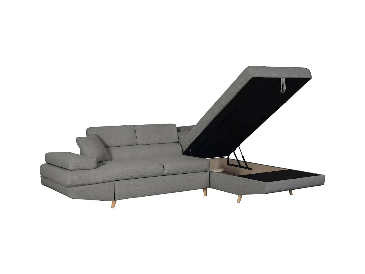 Canapé d'angle droit convertible Rio Scandinave avec coffre en tissu - Gris clair, Pieds bois - L271 x P192 x H70cm - Loungitude