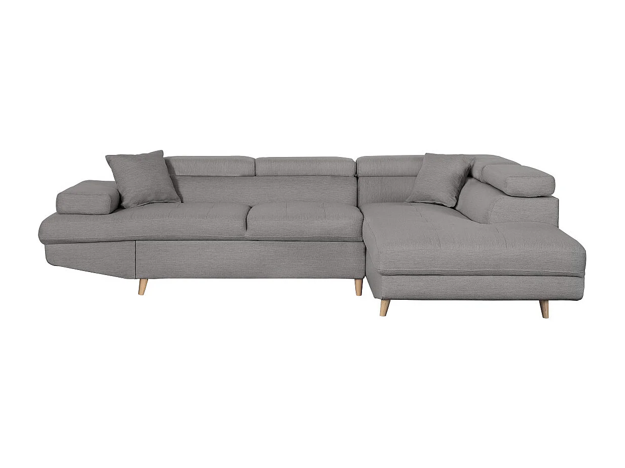 Canapé d'angle droit convertible Rio Scandinave avec coffre en tissu - Gris clair, Pieds bois - L271 x P192 x H70cm - Loungitude