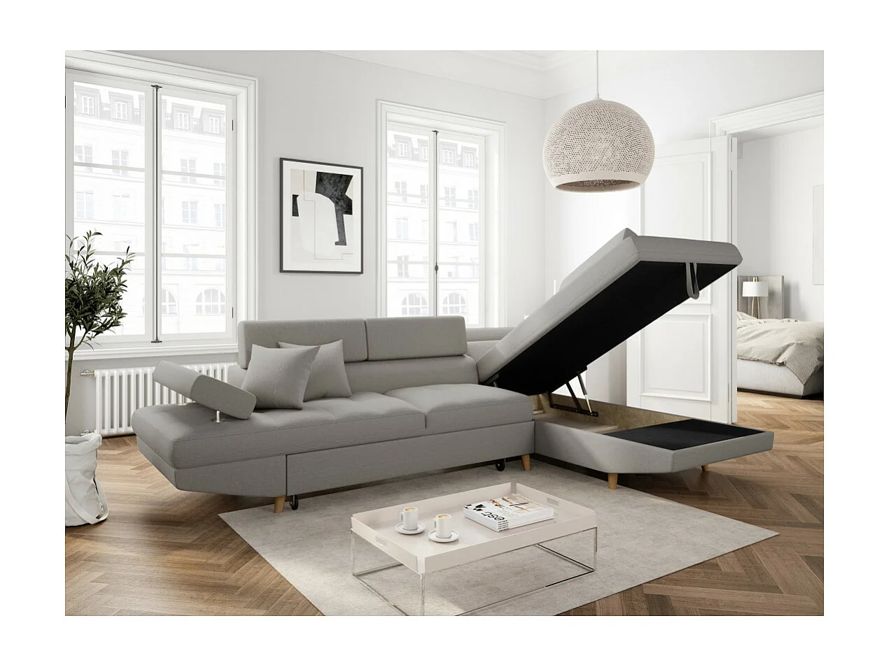 Canapé d'angle droit convertible Rio Scandinave avec coffre en tissu - Gris clair, Pieds bois - L271 x P192 x H70cm - Loungitude