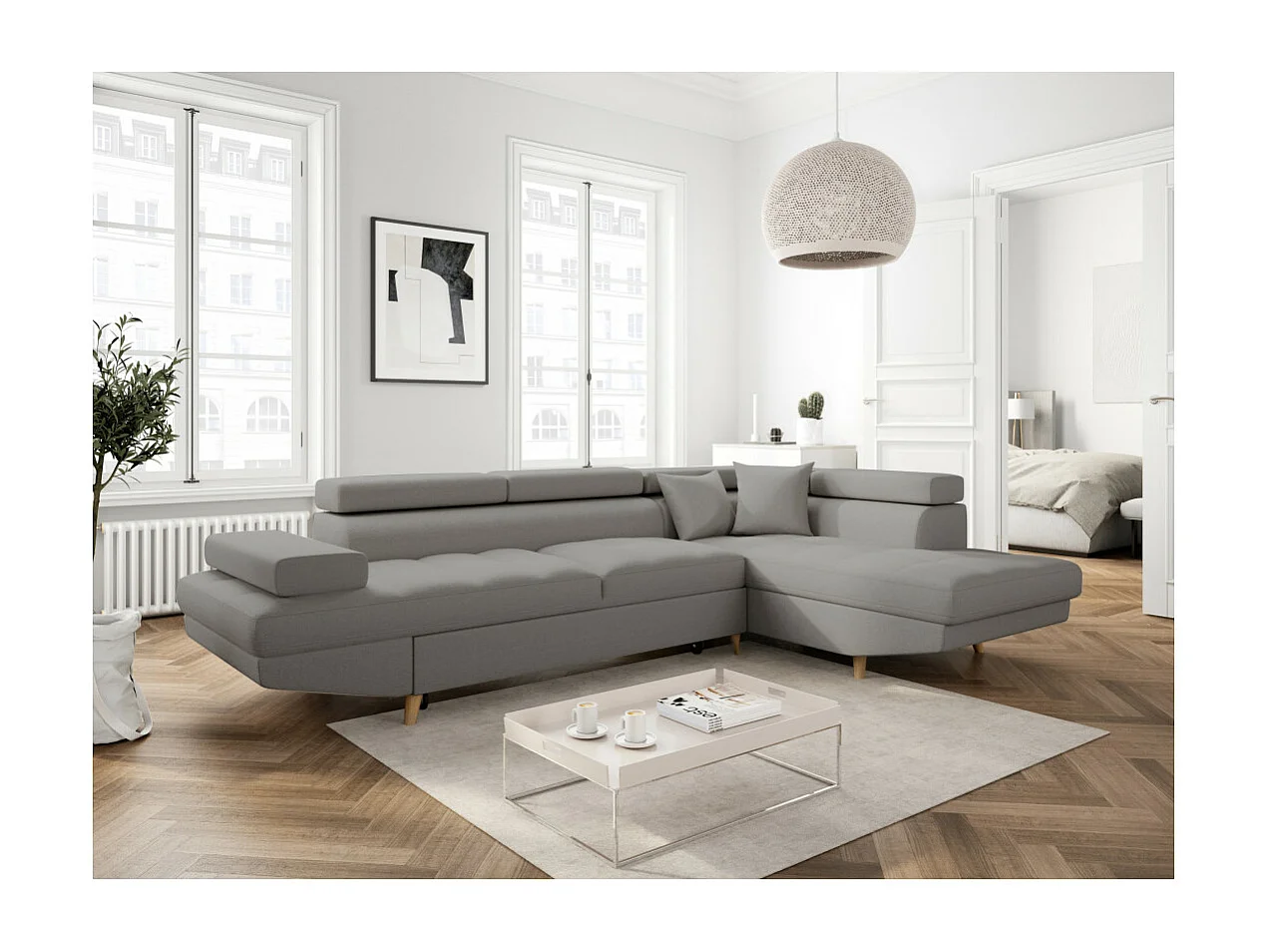 Canapé d'angle droit convertible Rio Scandinave avec coffre en tissu - Gris clair, Pieds bois - L271 x P192 x H70cm - Loungitude