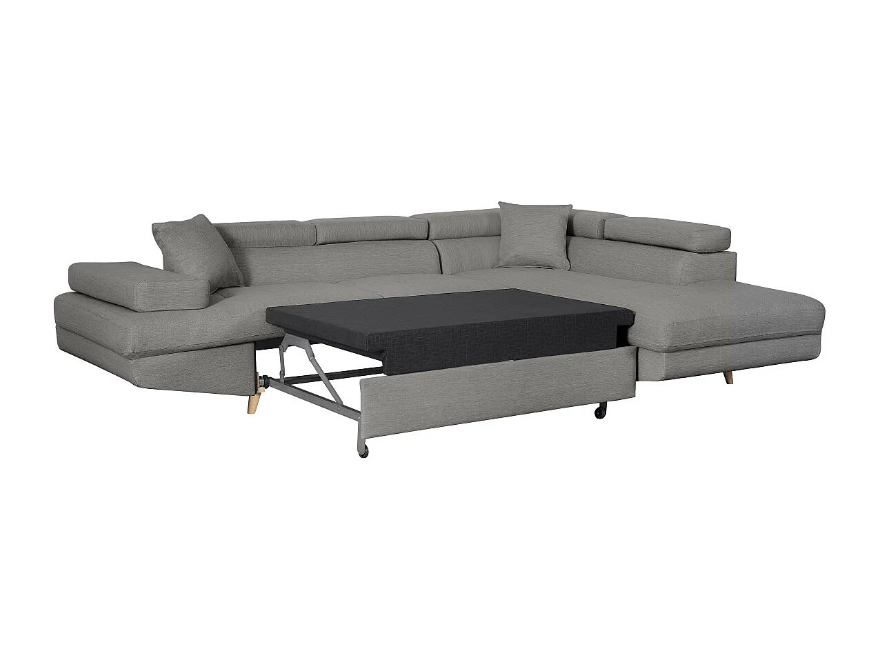 Canapé d'angle droit convertible Rio Scandinave avec coffre en tissu - Gris clair, Pieds bois - L271 x P192 x H70cm - Loungitude