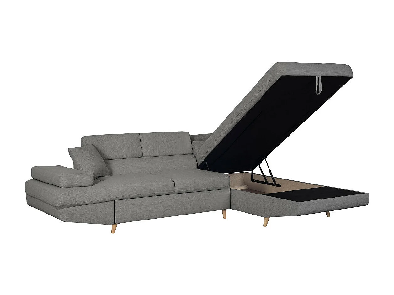Canapé d'angle droit convertible Rio Scandinave avec coffre en tissu - Gris clair, Pieds bois - L271 x P192 x H70cm - Loungitude