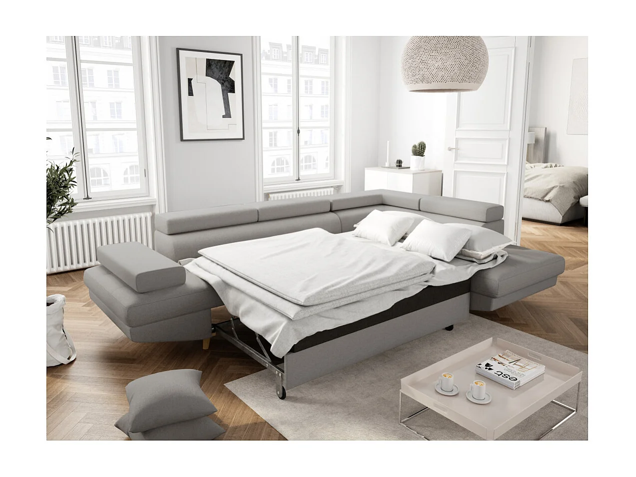 Canapé d'angle droit convertible Rio Scandinave avec coffre en tissu - Gris clair, Pieds bois - L271 x P192 x H70cm - Loungitude