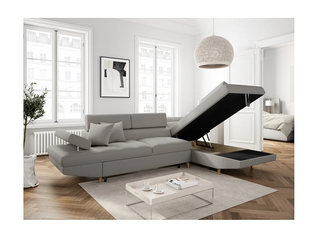 Canapé d'angle droit convertible Rio Scandinave avec coffre en tissu - Gris clair, Pieds bois - L271 x P192 x H70cm - Loungitude
