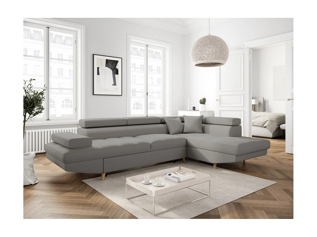 Canapé d'angle droit convertible Rio Scandinave avec coffre en tissu - Gris clair, Pieds bois - L271 x P192 x H70cm - Loungitude