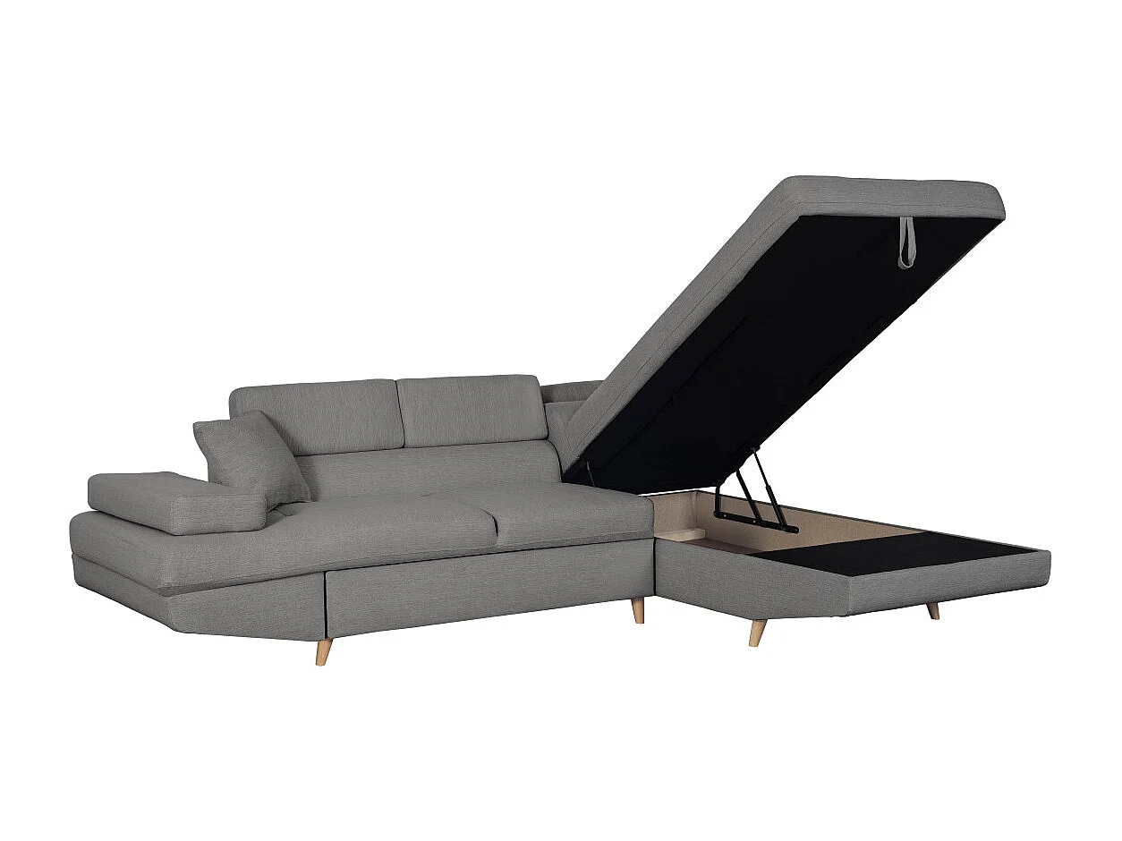 Canapé d'angle droit convertible Rio Scandinave avec coffre en tissu - Gris clair, Pieds bois - L271 x P192 x H70cm - Loungitude