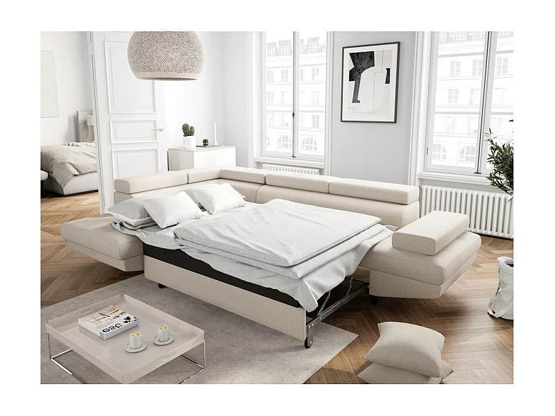 Canapé d'angle gauche convertible Rio Scandinave avec coffre en tissu - Beige, Pieds noir - L271 x P192 x H70cm - Loungitude