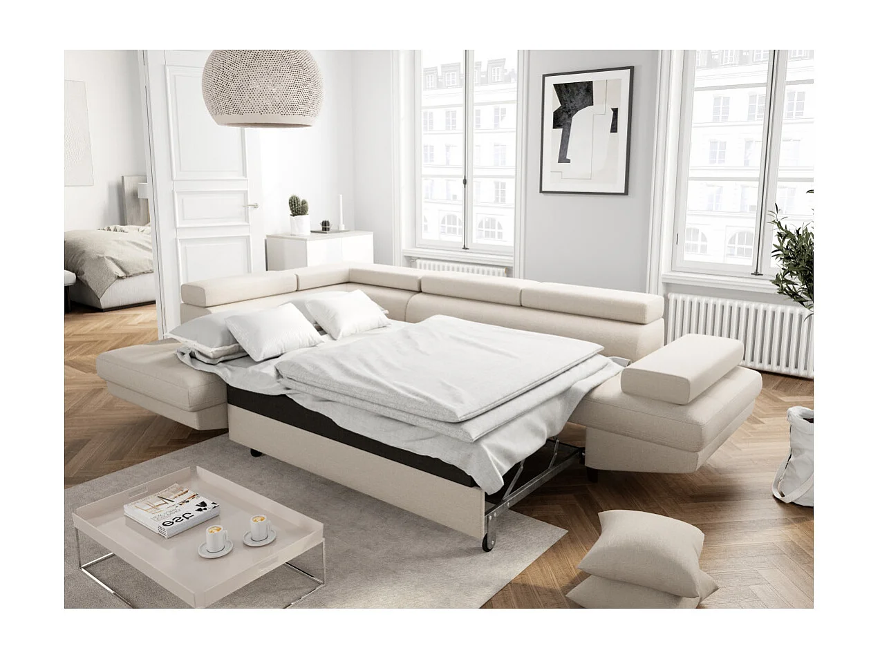 Canapé d'angle gauche convertible Rio Scandinave avec coffre en tissu - Beige, Pieds noir - L271 x P192 x H70cm - Loungitude