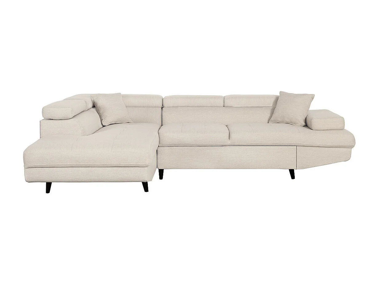 Canapé d'angle gauche convertible Rio Scandinave avec coffre en tissu - Beige, Pieds noir - L271 x P192 x H70cm - Loungitude