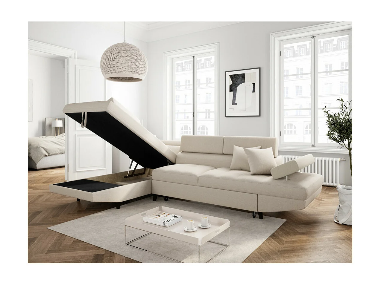 Canapé d'angle gauche convertible Rio Scandinave avec coffre en tissu - Beige, Pieds noir - L271 x P192 x H70cm - Loungitude