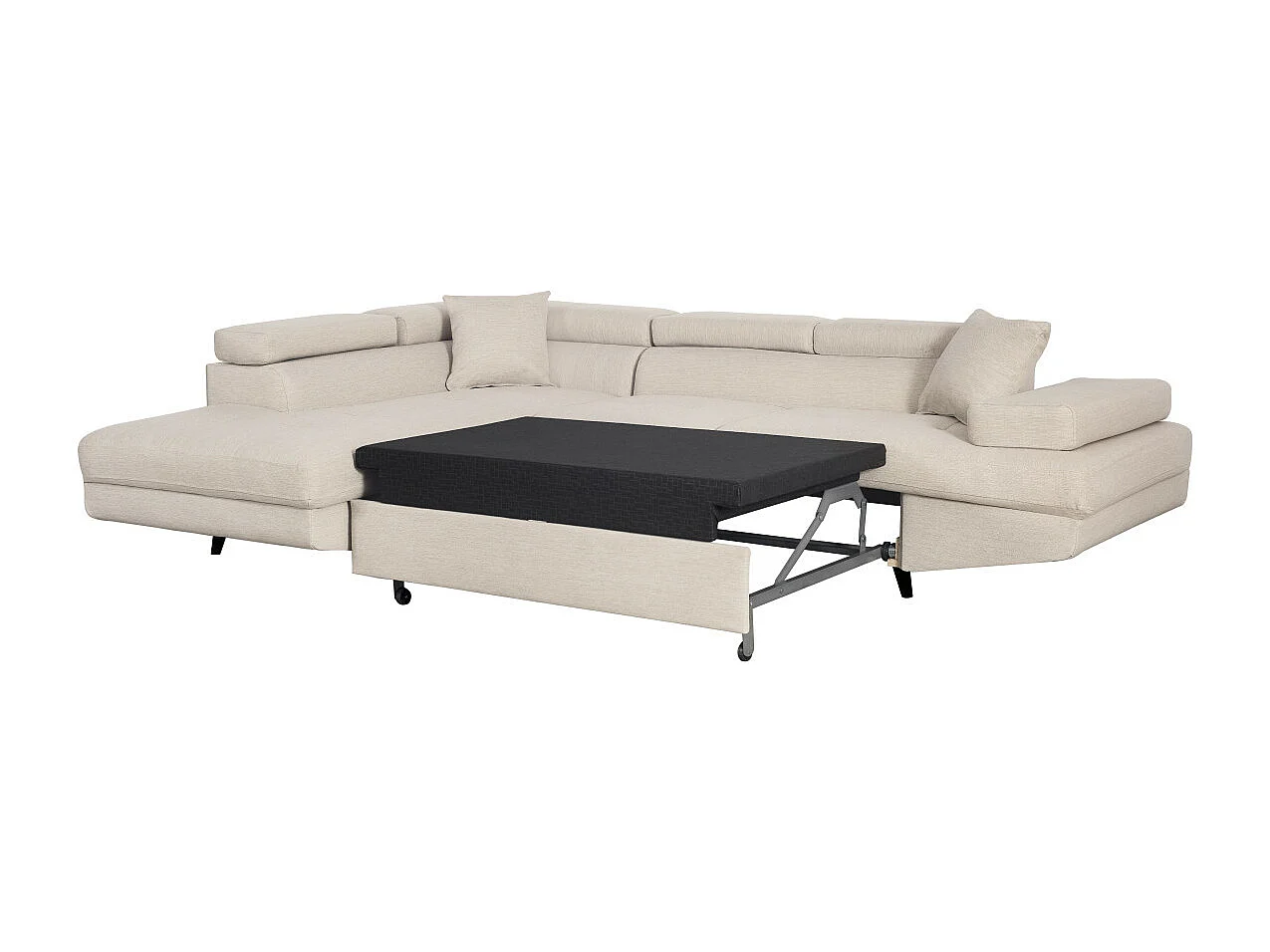 Canapé d'angle gauche convertible Rio Scandinave avec coffre en tissu - Beige, Pieds noir - L271 x P192 x H70cm - Loungitude