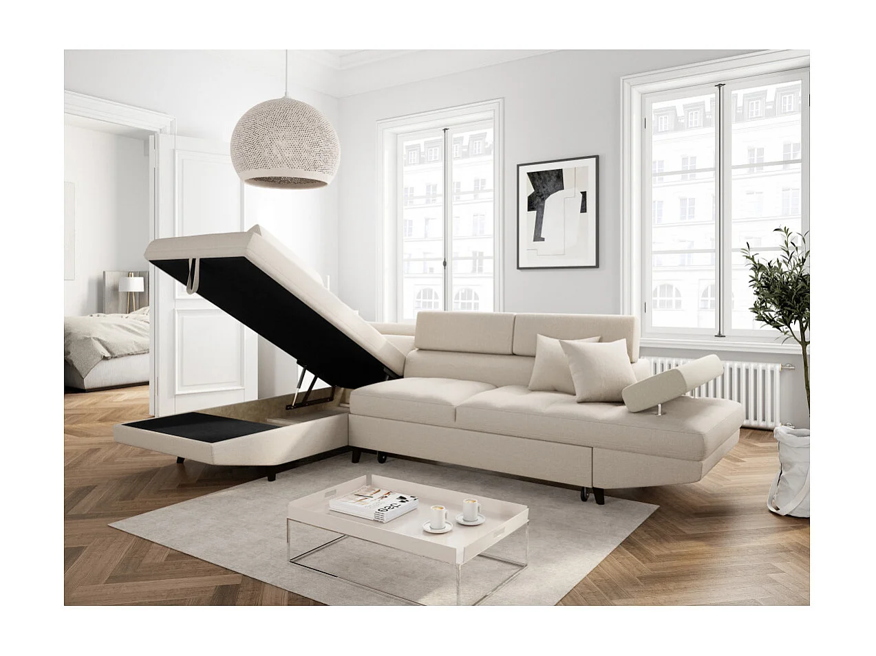Canapé d'angle gauche convertible Rio Scandinave avec coffre en tissu - Beige, Pieds noir - L271 x P192 x H70cm - Loungitude