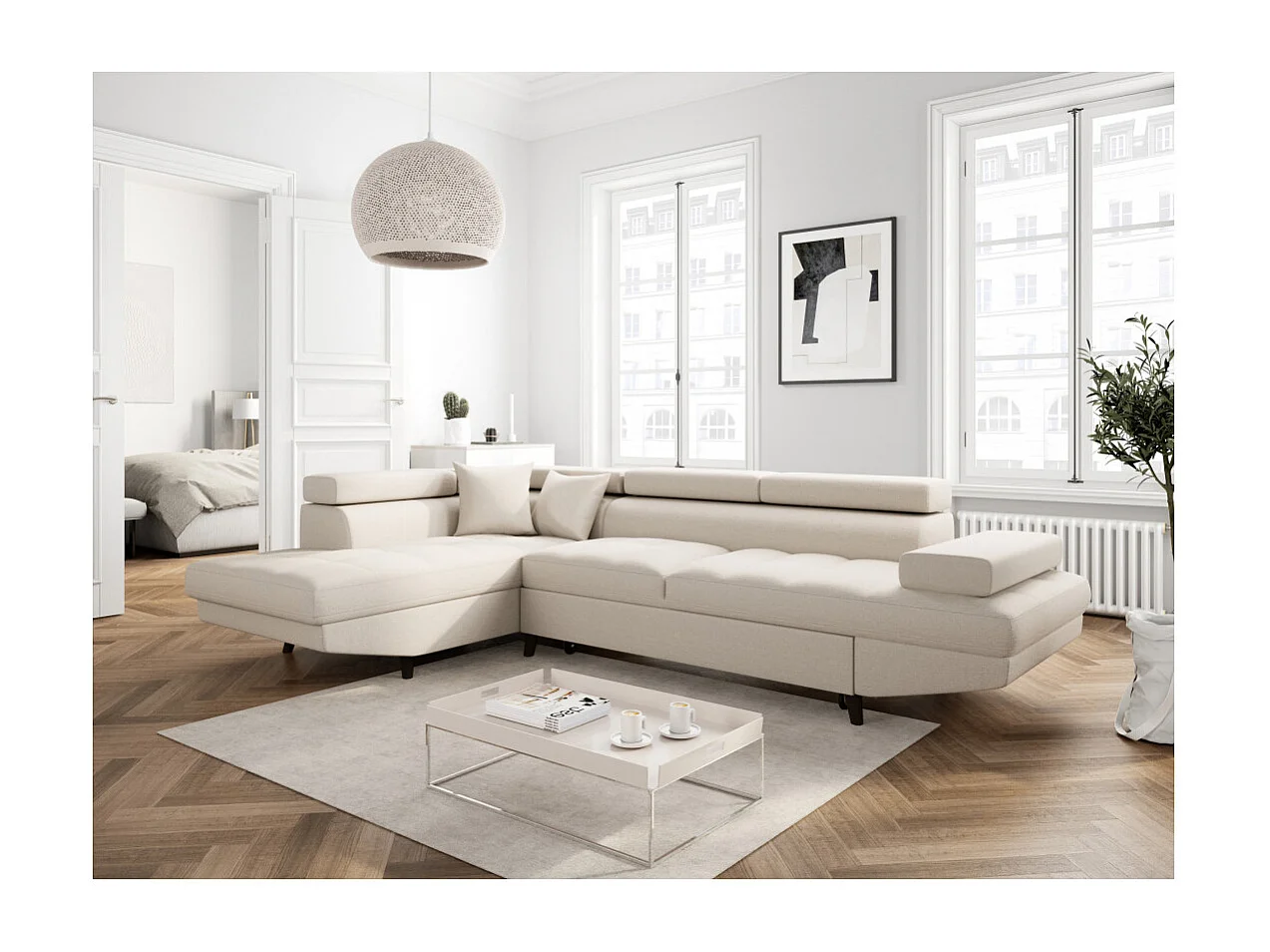 Canapé d'angle gauche convertible Rio Scandinave avec coffre en tissu - Beige, Pieds noir - L271 x P192 x H70cm - Loungitude