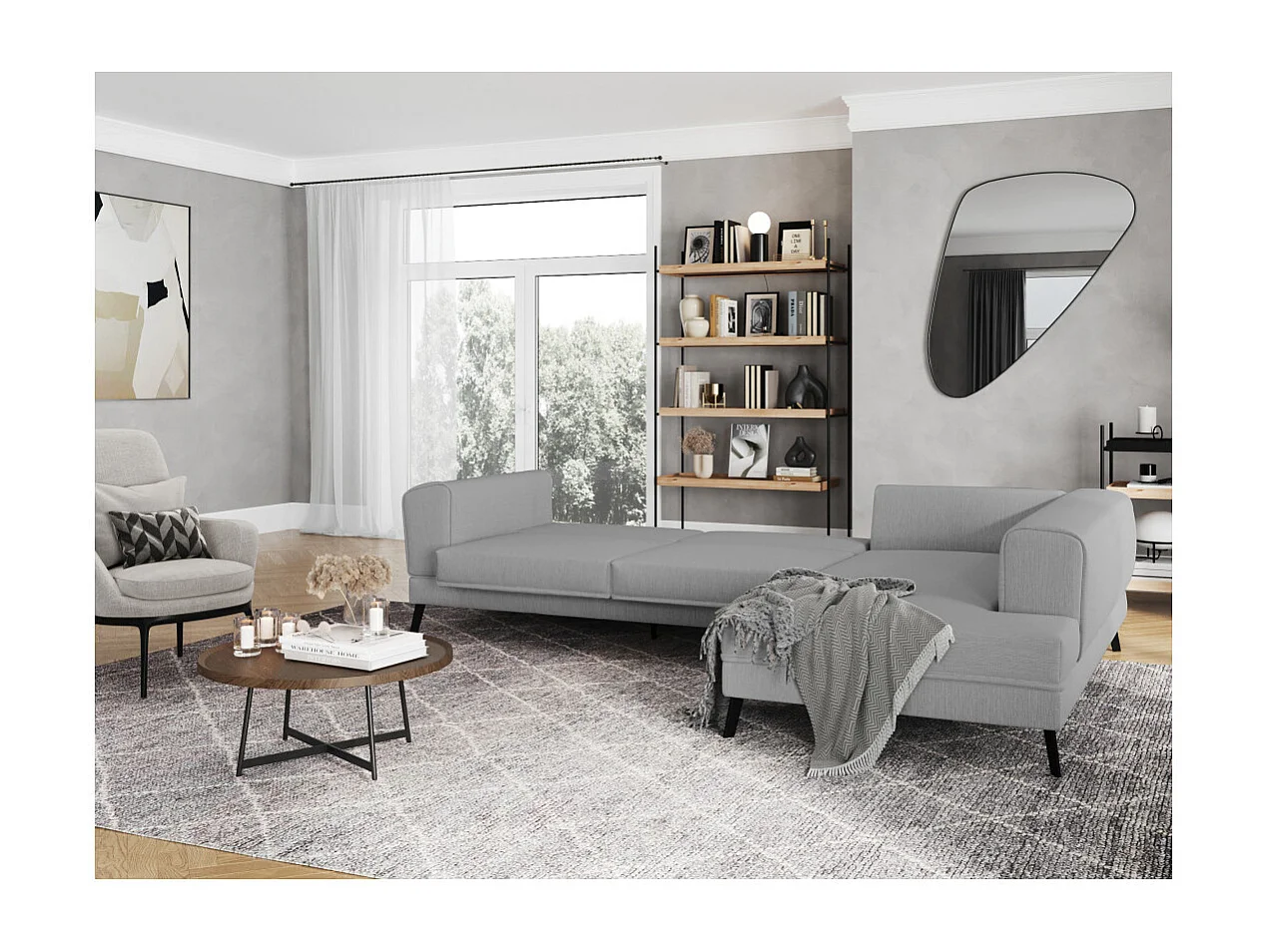 Canapé d'angle droit 4 places India convertible 2 coffres en tissu - Gris clair - L304 x 212 x 86cm - Loungitude