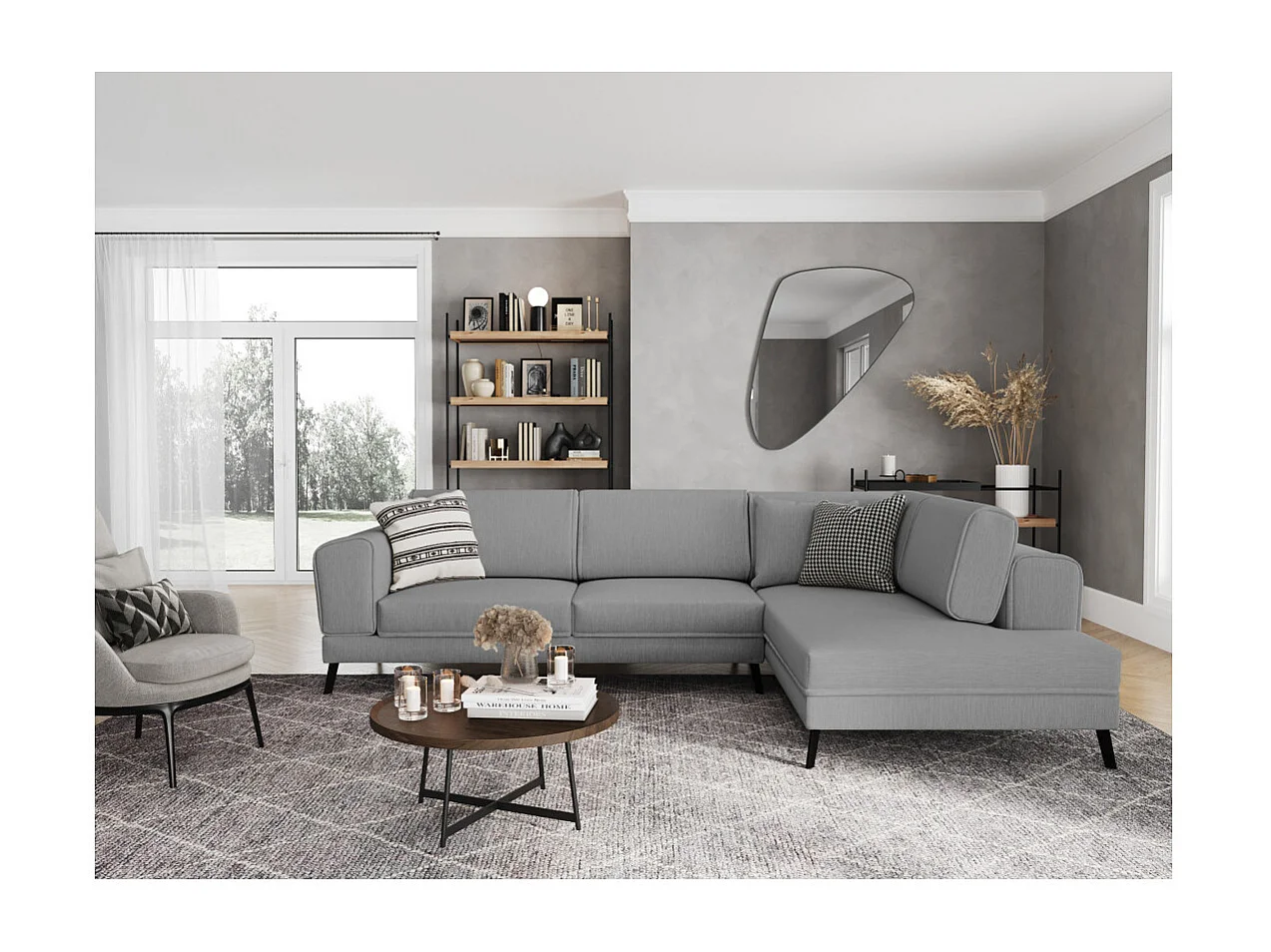 Canapé d'angle droit 4 places India convertible 2 coffres en tissu - Gris clair - L304 x 212 x 86cm - Loungitude