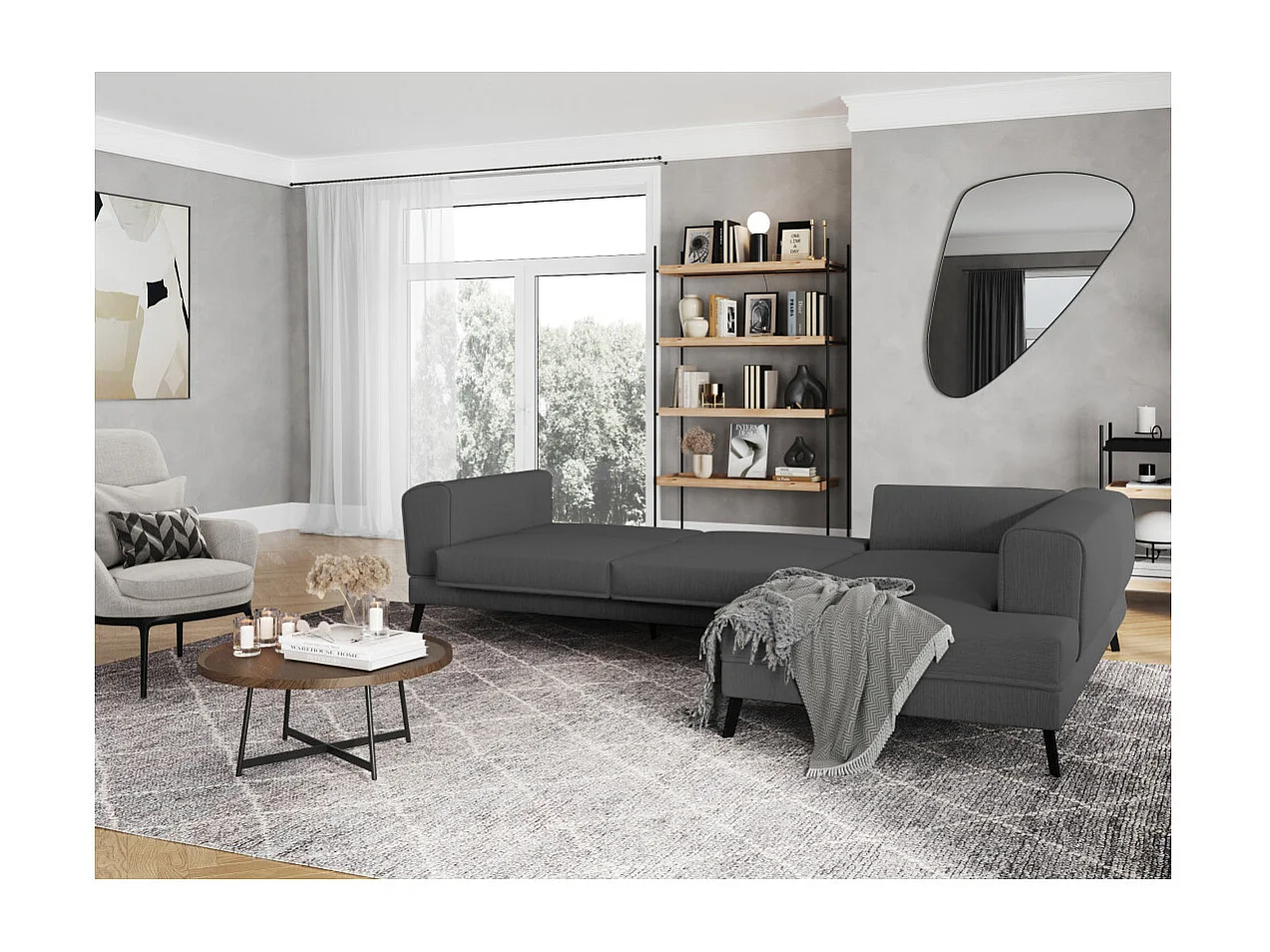 Canapé d'angle droit 4 places India convertible 2 coffres en tissu - Gris anthracite - L304 x 212 x 86cm - Loungitude