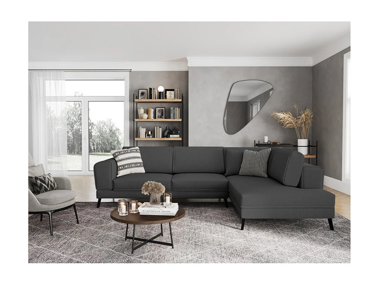 Canapé d'angle droit 4 places India convertible 2 coffres en tissu - Gris anthracite - L304 x 212 x 86cm - Loungitude