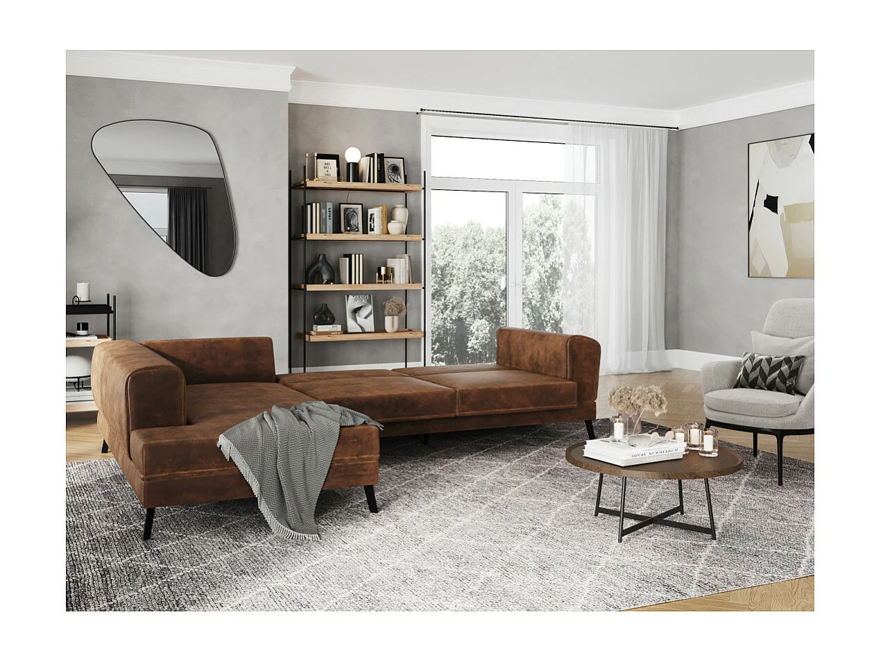 Canapé d'angle gauche India 4 places convertible 2 coffres en tissu marron industriel - Marron - L304 x 212 x 86cm - Loungitude