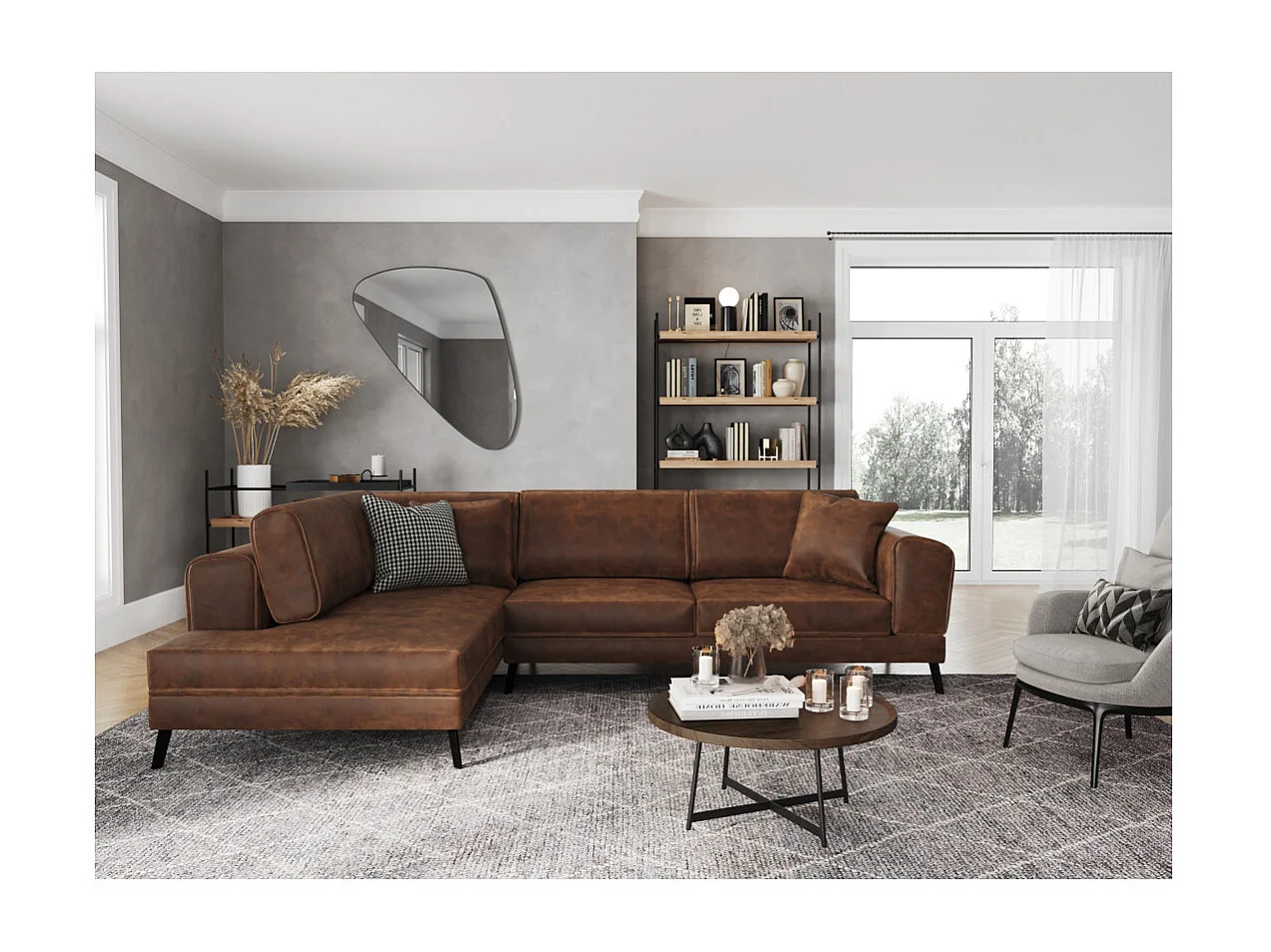 Canapé d'angle convertible 4 places avec coffre en tissu marron