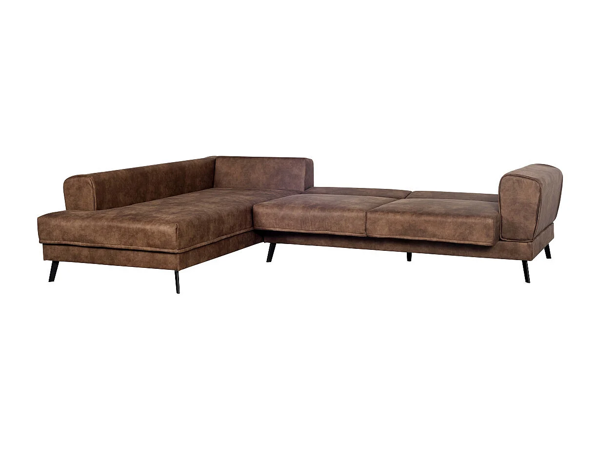 Canapé d'angle convertible 4 places avec coffre en tissu marron