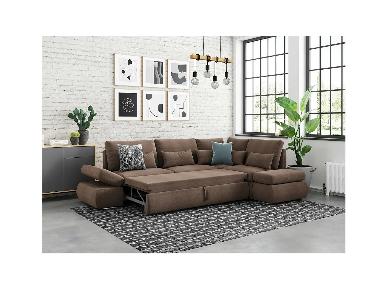 Canapé d'angle Sebastian Réversible et convertible avec coffre en tissu - Marron - L267 x P200 x H90cm - Loungitude