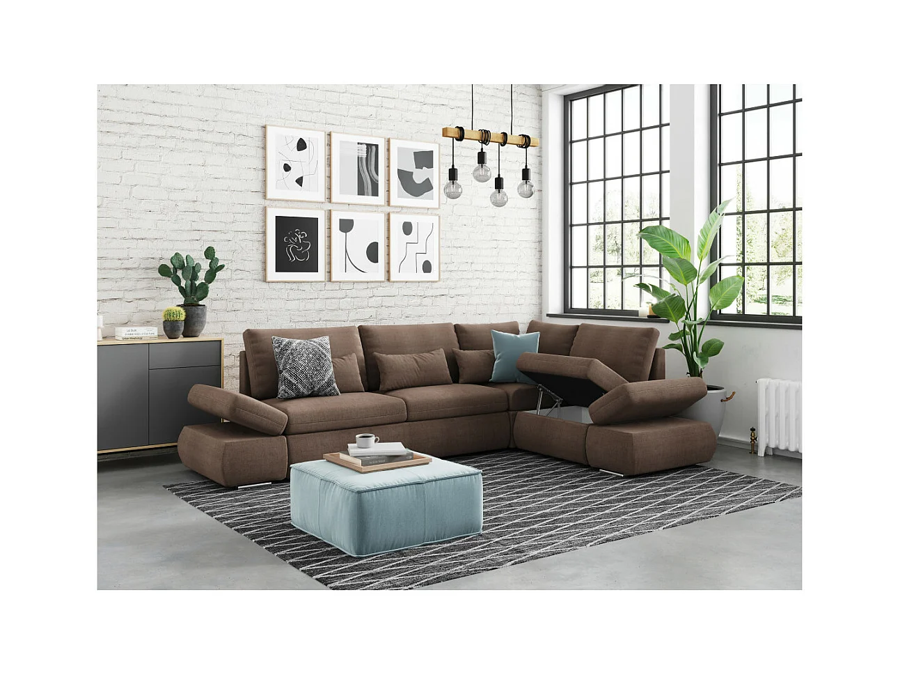 Canapé d'angle Sebastian Réversible et convertible avec coffre en tissu - Marron - L267 x P200 x H90cm - Loungitude