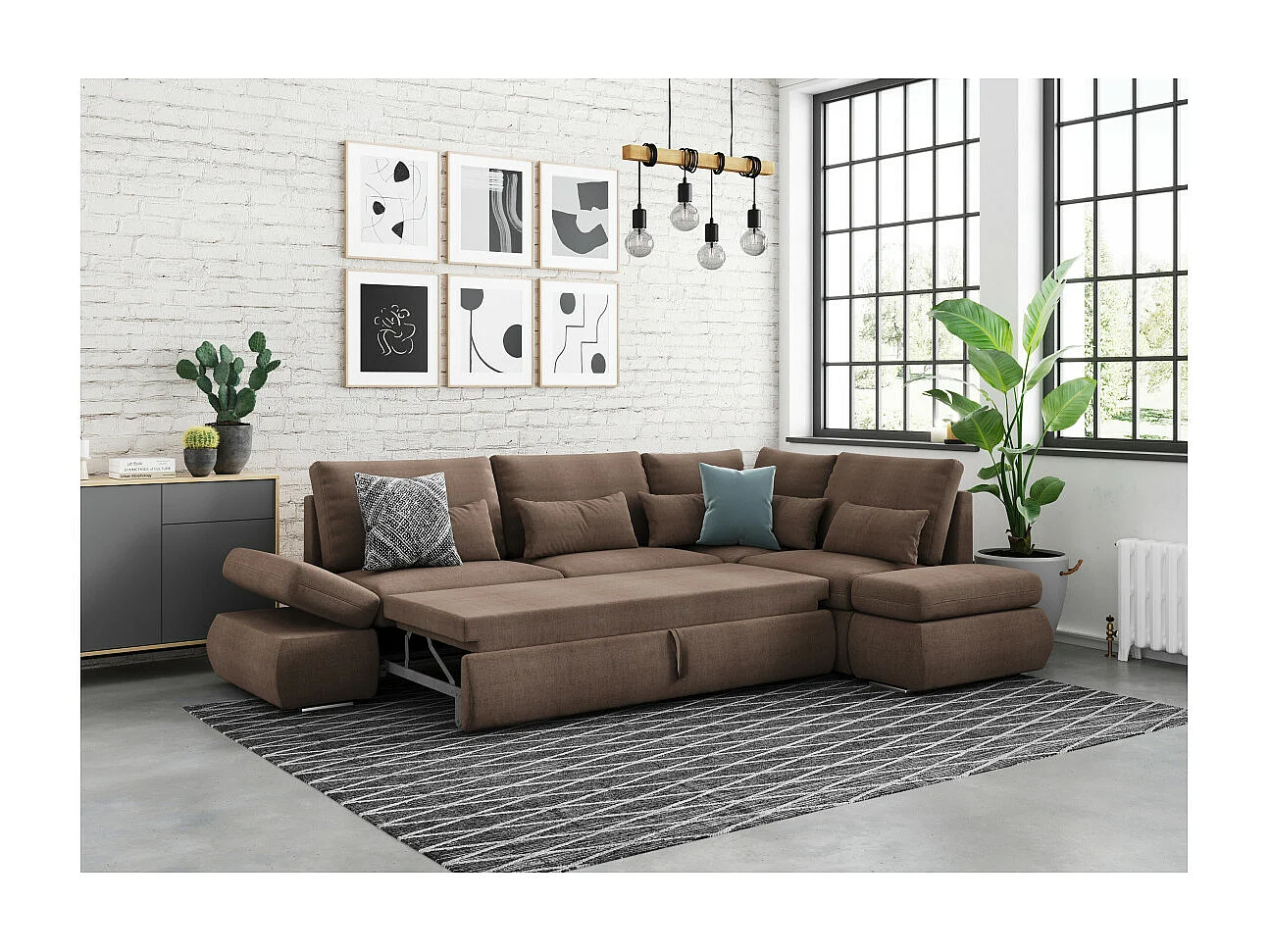 Canapé d'angle Sebastian Réversible et convertible avec coffre en tissu - Marron - L267 x P200 x H90cm - Loungitude
