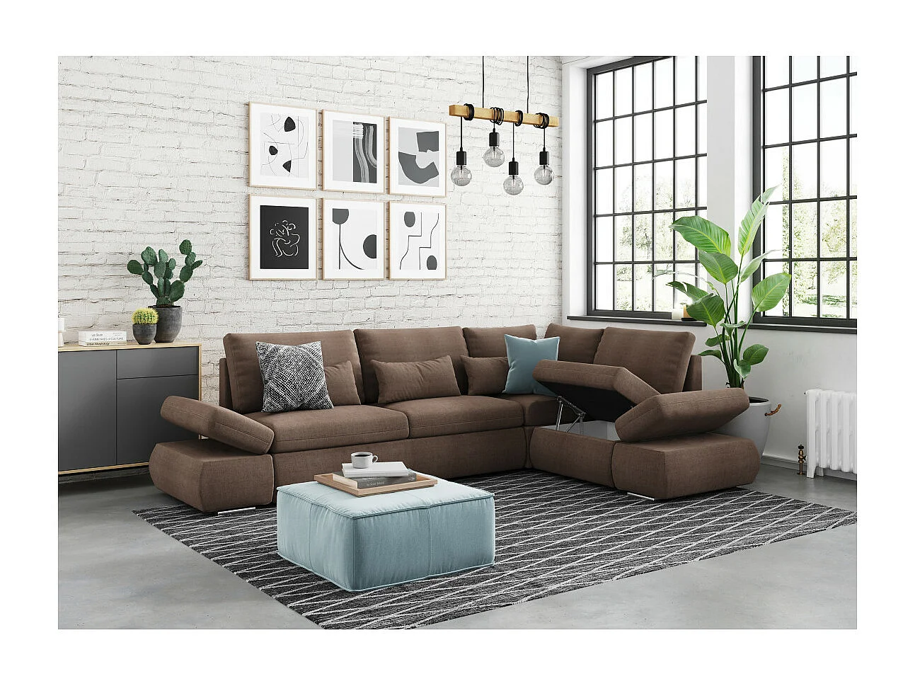 Canapé d'angle Sebastian Réversible et convertible avec coffre en tissu - Marron - L267 x P200 x H90cm - Loungitude