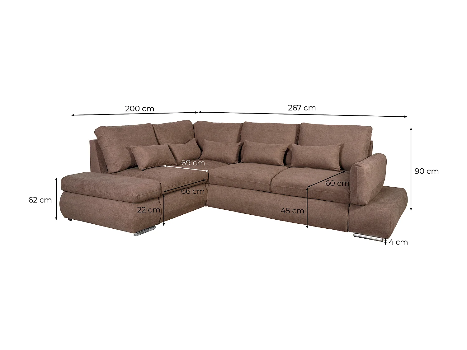 Canapé d'angle Sebastian Réversible et convertible avec coffre en tissu - Marron - L267 x P200 x H90cm - Loungitude