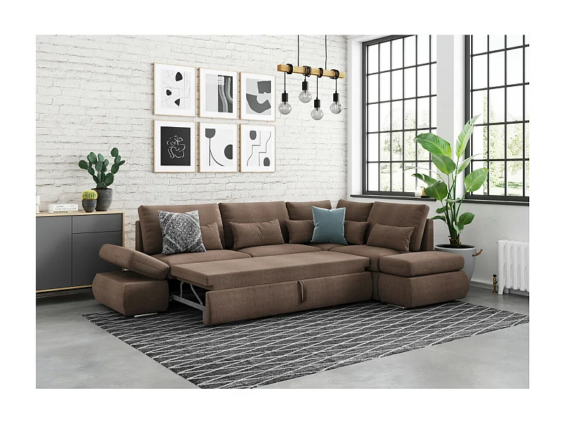 Canapé d'angle Sebastian Réversible et convertible avec coffre en tissu - Marron - L267 x P200 x H90cm - Loungitude