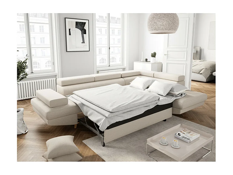 Canapé d'angle droit convertible Rio Scandinave avec coffre en tissu - Beige, Pieds bois - L271 x P192 x H70cm - Loungitude