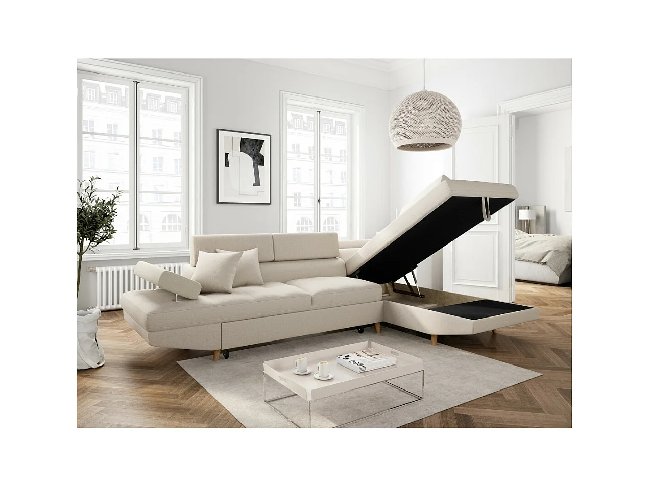 Canapé d'angle droit convertible Rio Scandinave avec coffre en tissu - Beige, Pieds bois - L271 x P192 x H70cm - Loungitude