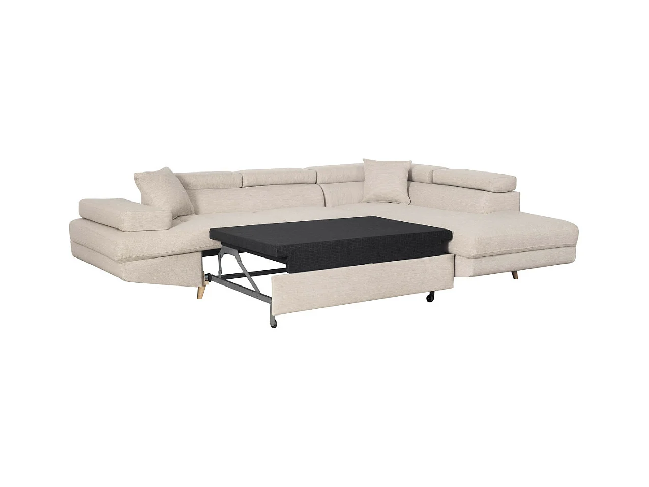 Canapé d'angle droit convertible Rio Scandinave avec coffre en tissu - Beige, Pieds bois - L271 x P192 x H70cm - Loungitude