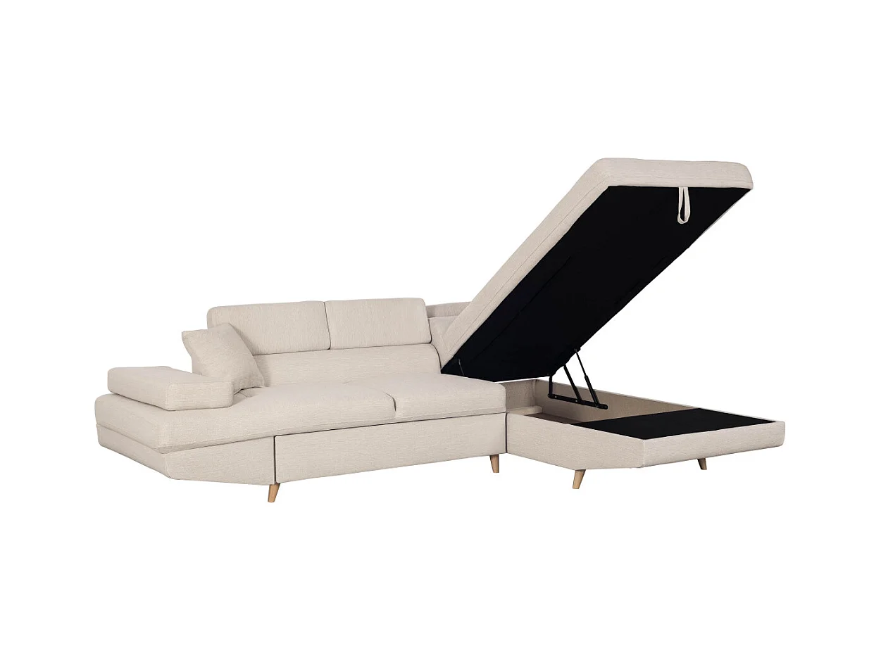 Canapé d'angle droit convertible Rio Scandinave avec coffre en tissu - Beige, Pieds bois - L271 x P192 x H70cm - Loungitude