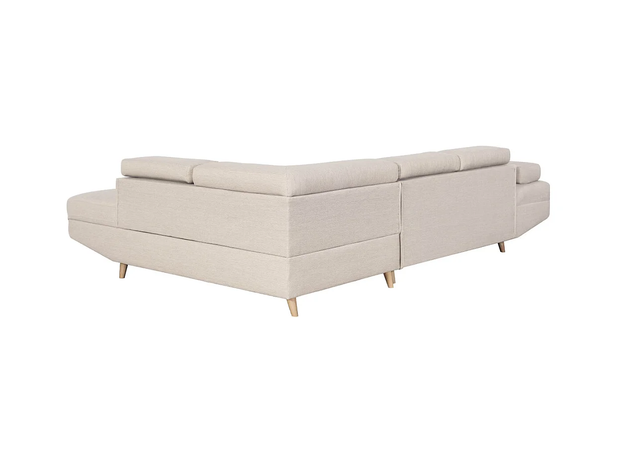 Canapé d'angle droit convertible Rio Scandinave avec coffre en tissu - Beige, Pieds bois - L271 x P192 x H70cm - Loungitude