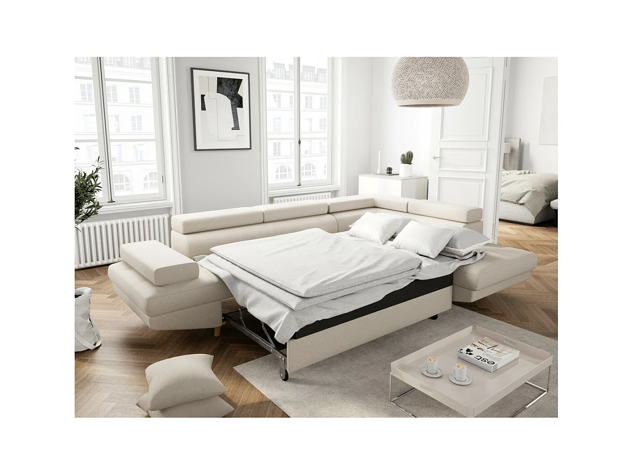 Canapé d'angle droit convertible Rio Scandinave avec coffre en tissu - Beige, Pieds bois - L271 x P192 x H70cm - Loungitude