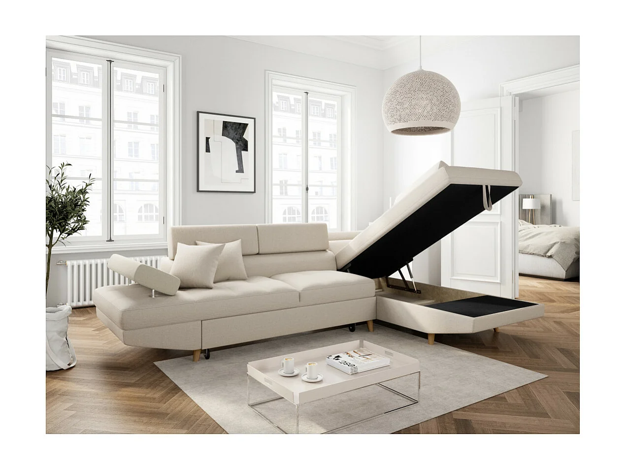 Canapé d'angle droit convertible Rio Scandinave avec coffre en tissu - Beige, Pieds bois - L271 x P192 x H70cm - Loungitude