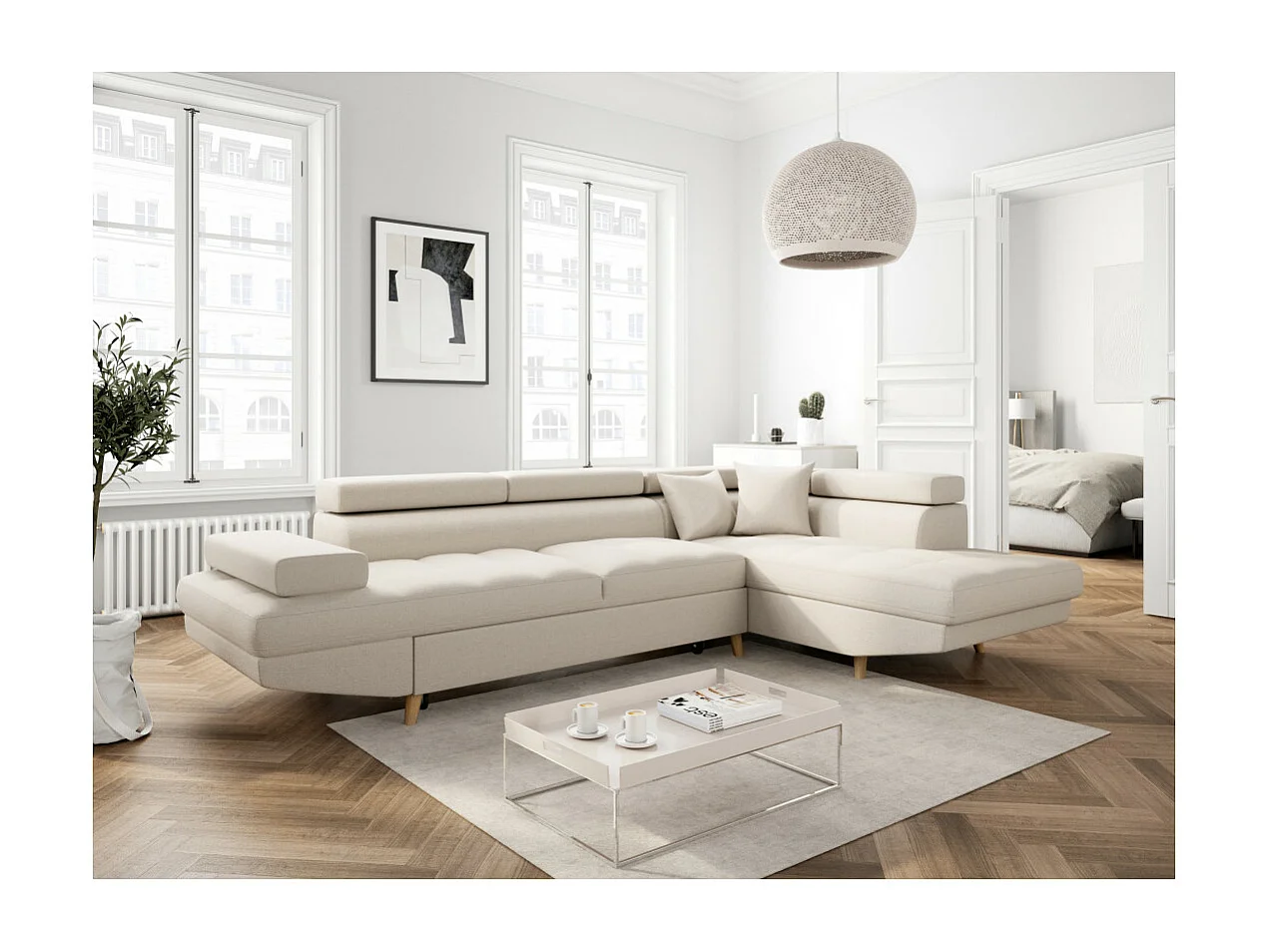 Canapé d'angle droit convertible Rio Scandinave avec coffre en tissu - Beige, Pieds bois - L271 x P192 x H70cm - Loungitude