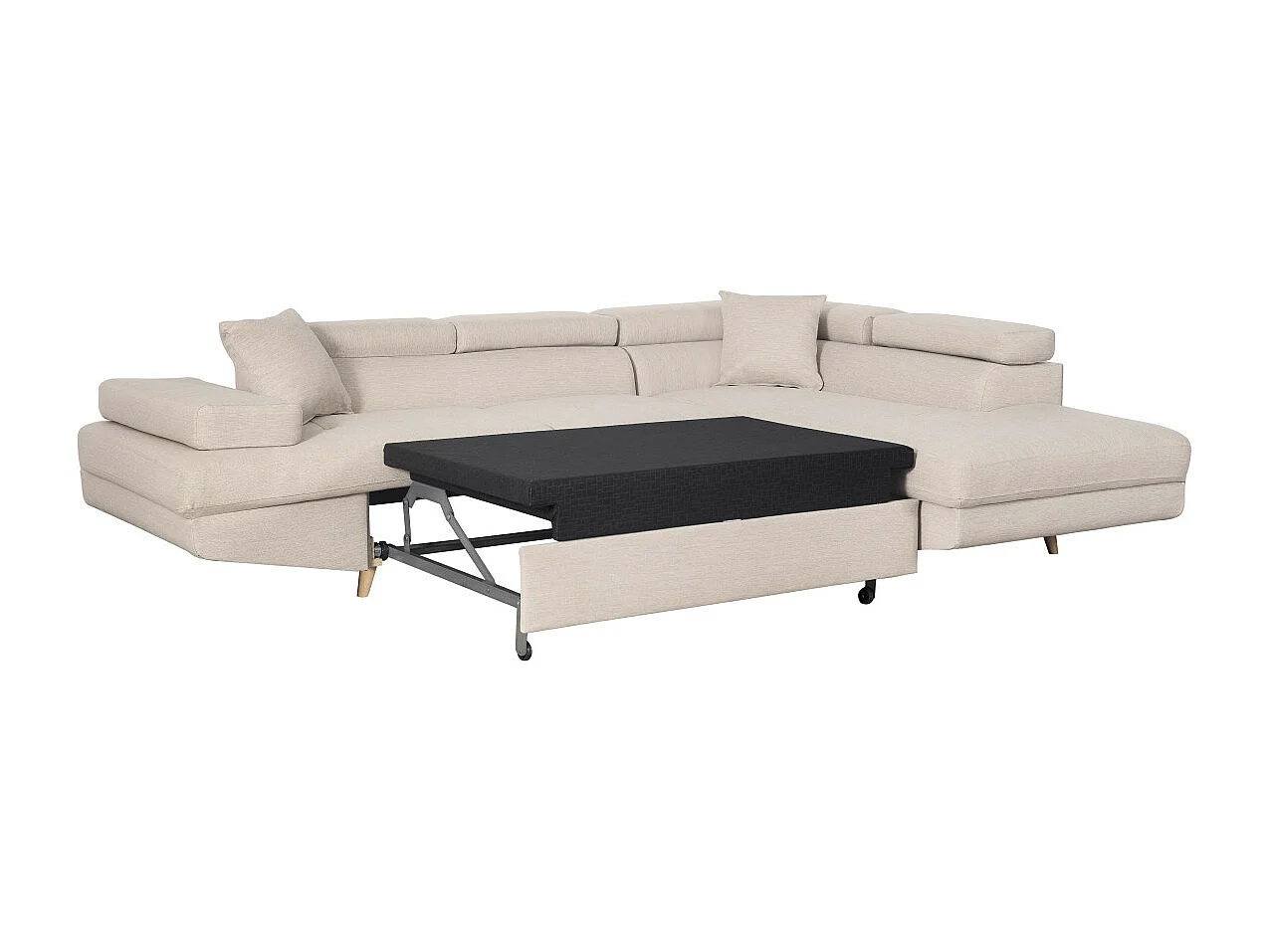 Canapé d'angle droit convertible Rio Scandinave avec coffre en tissu - Beige, Pieds bois - L271 x P192 x H70cm - Loungitude